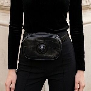 VTG Y2K Versus Versace Black Croc-Embossed Leather Lion Head Belt Bag Fanny Pack
